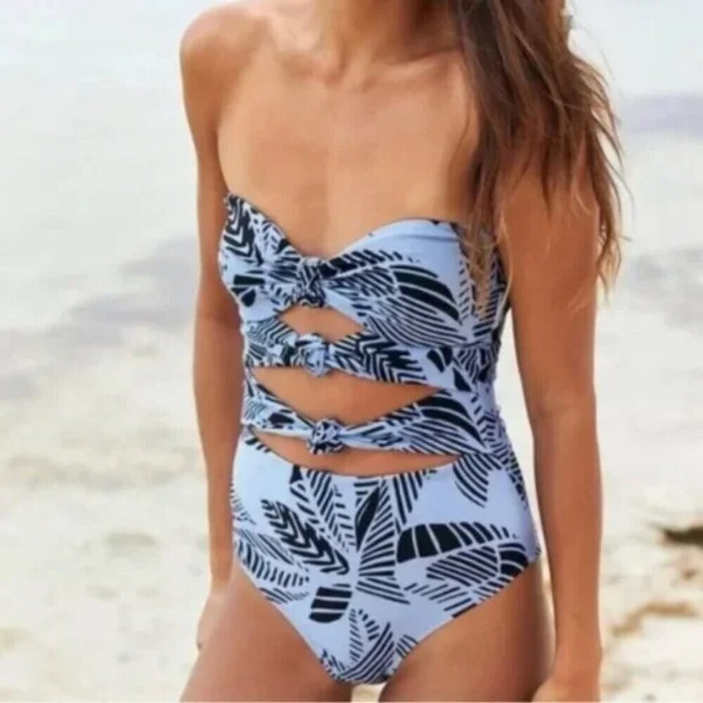 Aerie Cheeky High Cut Strapless Triple Knot One Piece Swimsuit Blue Leaf Medium